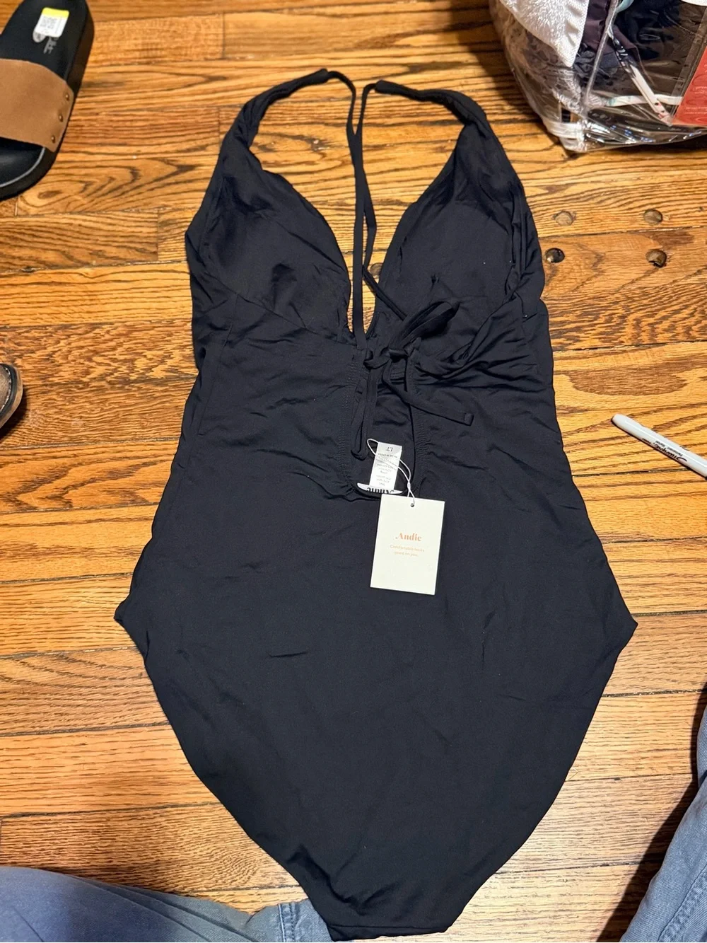 Andie Black One Piece Swimsuit Deep V Tie Back Women’s Large NWT